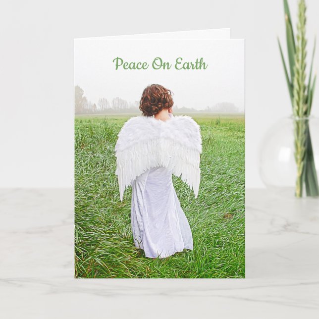 Tarjeta Festiva Elegante Angel Peace On Earth White Green (Anverso)