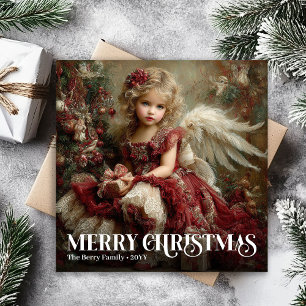 Tarjeta Festiva Elegante ángel victoriano burgundy rojo verde dora