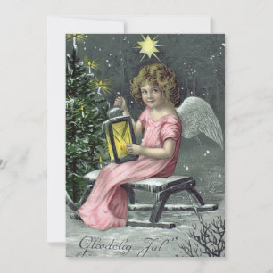 Tarjeta Festiva Elegante Ángel Vintage y Saludos de Árbol de Navid