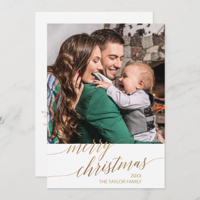 Tarjeta Festiva Elegante Año De Caligrafía De Oro En Foto De Reseñ (Anverso / Reverso)