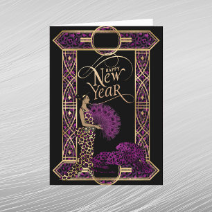Tarjeta Festiva Elegante Año Nuevo Art Deco Púrpura Leopardo Dama 