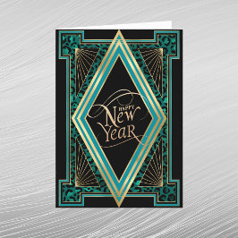 Tarjeta Festiva Elegante Año Nuevo Art Déco Turquesa Dorado