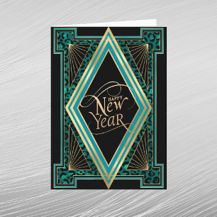 Tarjeta Festiva Elegante Año Nuevo Art Déco Turquesa Dorado
