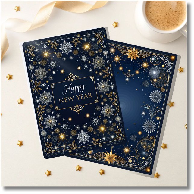 Tarjeta Festiva Elegante Año Nuevo Negro, Azul y Dorado (elegant blue and gold happy new year card, sophisticated holiday greeting card, stylish new y)
