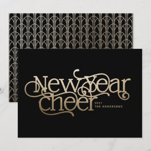 Tarjeta Festiva Elegante año nuevo tipografía Art Deco oro negro