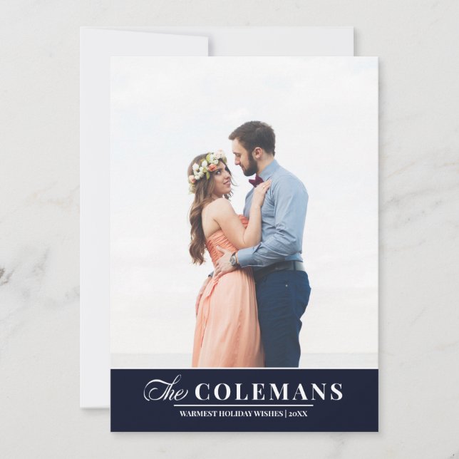 Tarjeta Festiva Elegante apellido Azul | Foto vertical de vacacion (Anverso)