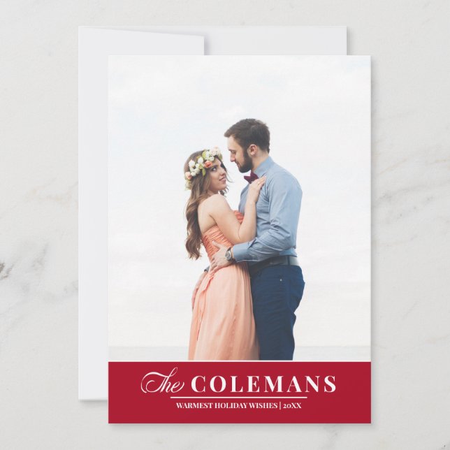 Tarjeta Festiva Elegante apellido Red | Foto vertical de vacacione (Anverso)