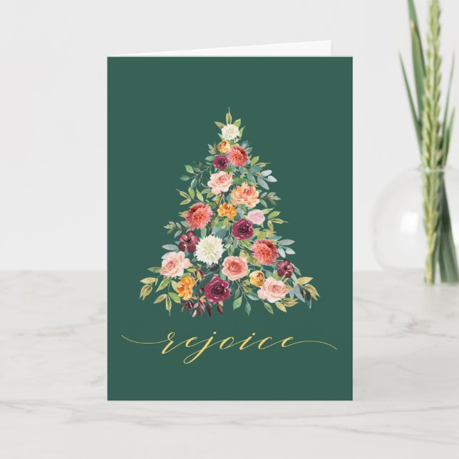 Tarjeta Festiva Elegante árbol de feriado de Navidades florales (Anverso)