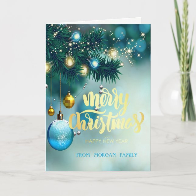 Tarjeta Festiva Elegante árbol de Navidad, bolas, estrellas (Anverso)