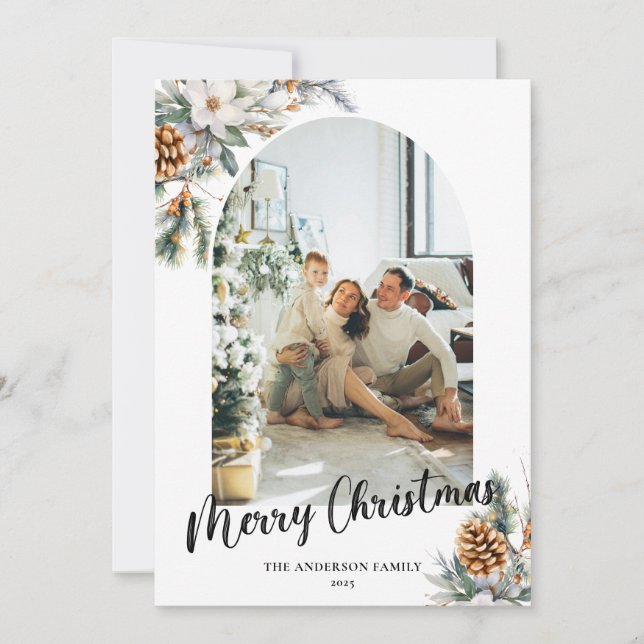 Tarjeta Festiva Elegante Arco de Verdor Botánico y Navidades de Fo (Anverso)