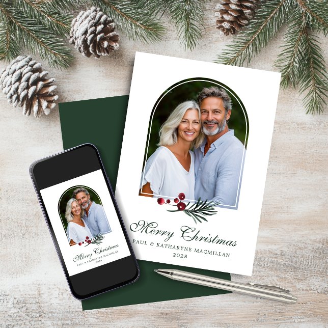 Tarjeta Festiva Elegante Arco Oscuro Verde Feriado Botánico (Elegant Arch Dark Green Botanical Holiday Photo Card)