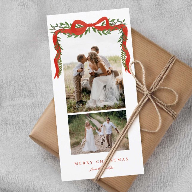 Tarjeta Festiva Elegante arco rojo con vegetación 2 Navidades de f (Elegant red bow with greenery 2 photo tall Christmas holiday cards.)