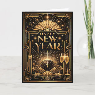 Tarjeta Festiva Elegante Arte Deco Feliz Año Nuevo en Oro