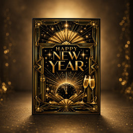 Tarjeta Festiva Elegante Arte Deco Feliz Año Nuevo en Oro