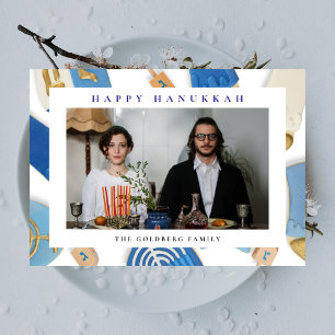 Tarjeta Festiva Elegante Azul Feliz Hanukkah Familia 1 Foto