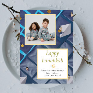 Tarjeta Festiva Elegante Azul Feliz Hanukkah Familia 1 Foto