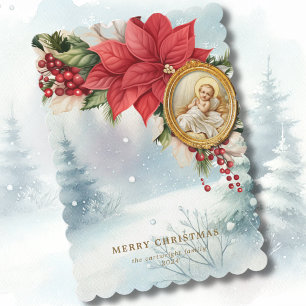 Tarjeta Festiva Elegante Bebé Jesús Poinsettia Watercolor