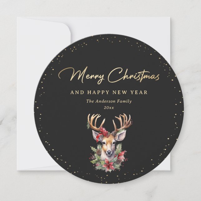 Tarjeta Festiva Elegante Black and Gold Deer Merry Christmas (Anverso)