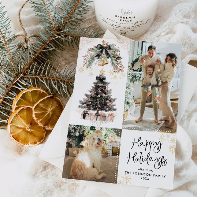 Tarjeta Festiva Elegante Black & Gold Bows Felices Fiestas 2 Foto (Subido por el creador)