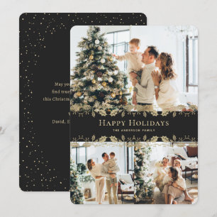 Tarjeta Festiva Elegante Black Gold Holly Photo Happy Holidays Car