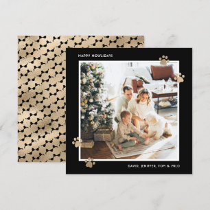 Tarjeta Festiva Elegante Black Gold Paw Photo Happy Howlidays