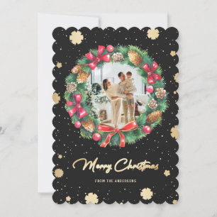 Tarjeta Festiva Elegante Black Gold Snowflakes Wreath Photo