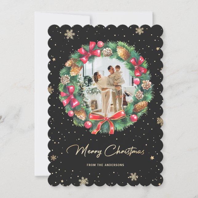 Tarjeta Festiva Elegante Black Gold Snowflakes Wreath Photo (Anverso)