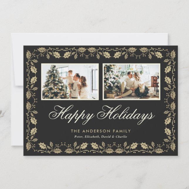 Tarjeta Festiva Elegante Black Gold Two Photo Happy Holidays Card (Anverso)