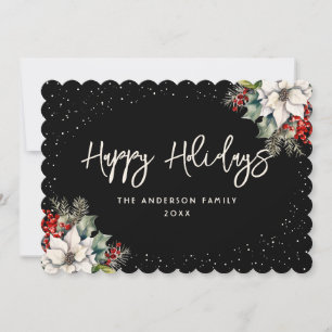Tarjeta Festiva Elegante Black Holly Berries White Poinsettia
