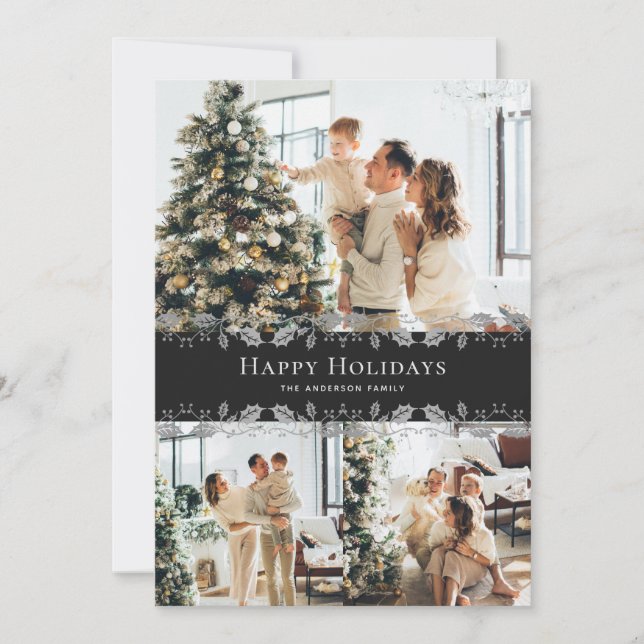 Tarjeta Festiva Elegante Black Silver Holly Foto Felices Fiestas (Anverso)