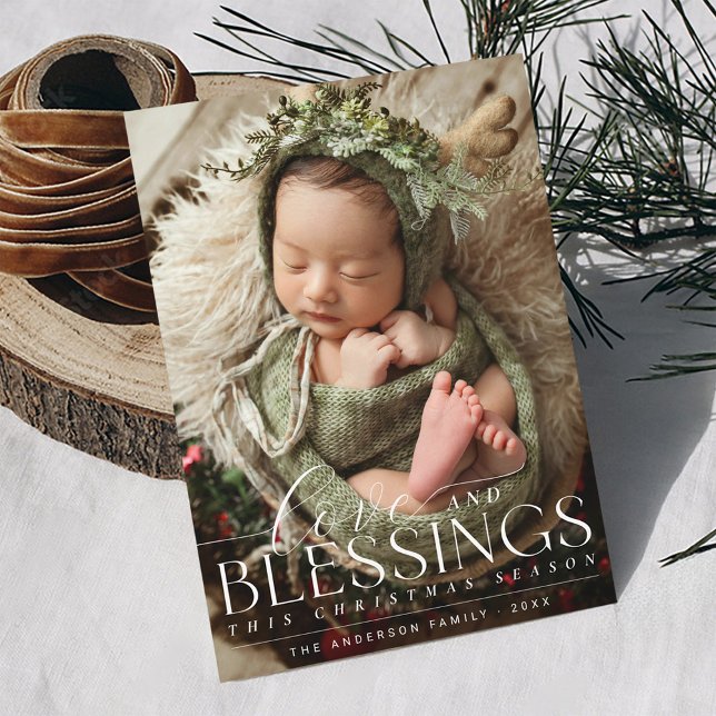Tarjeta Festiva Elegante Blessant Photo Greenery Baby Primer Navid (Love and blessings Merry Christmas full bleed photo botanical greenery simple elegant Holiday card)