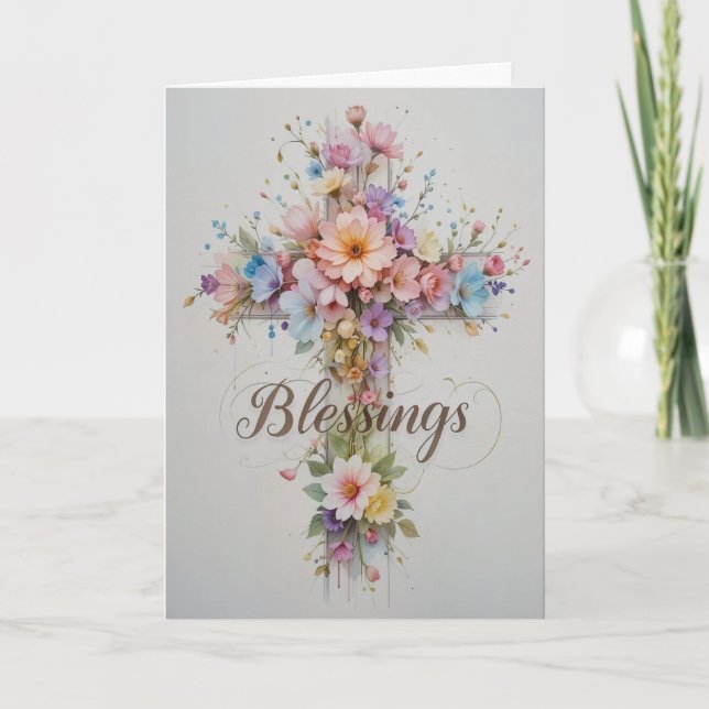 Tarjeta Festiva Elegante Blesss Floral Easter Cross (Anverso)