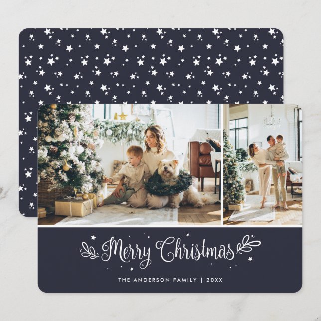 Tarjeta Festiva Elegante Blue 2 Photo Modern Merry Christmas Card (Anverso / Reverso)