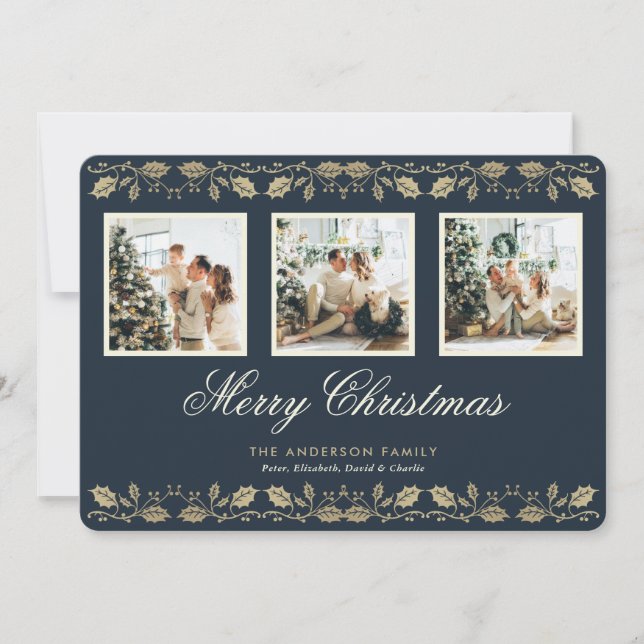 Tarjeta Festiva Elegante Blue Gold 3 Photo Merry Christmas Card (Anverso)