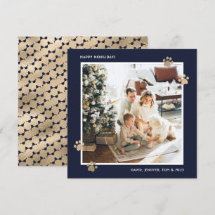 Tarjeta Festiva Elegante Blue Gold Paw Photo Happy Howlidays