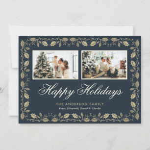 Tarjeta Festiva Elegante Blue Gold Two Photo Happy Holidays Card