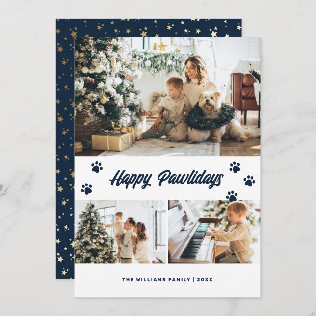 Tarjeta Festiva Elegante Blue Happy Pawlidays Gold Stars (Anverso / Reverso)