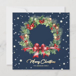 Tarjeta Festiva Elegante Blue Holly Berries Pine Wreath Foto