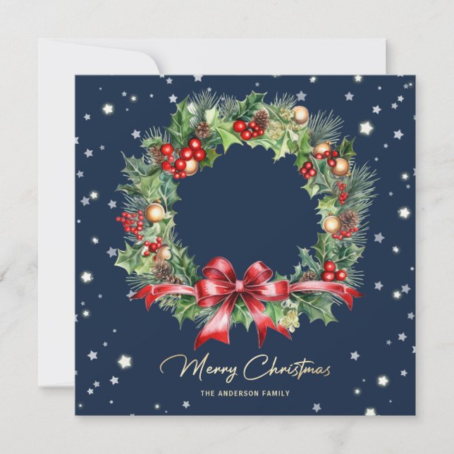 Tarjeta Festiva Elegante Blue Holly Berries Pine Wreath Foto (Anverso)
