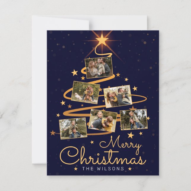 Tarjeta Festiva Elegante Blue Merry Christmas Tree 7 Family Photo (Anverso)