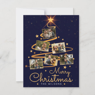 Tarjeta Festiva Elegante Blue Merry Christmas Tree 7 Family Photo