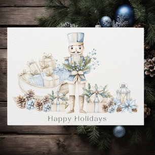 Tarjeta Festiva Elegante Blue Nutcracker Winter Sleigh Happy