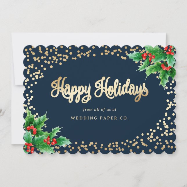 Tarjeta Festiva Elegante Blue Watercolor Holly Berries Business (Anverso)