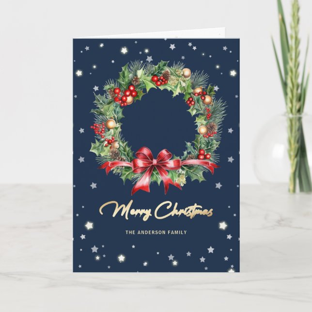 Tarjeta Festiva Elegante Blue Wreath Photo Merry Christmas Card (Anverso)