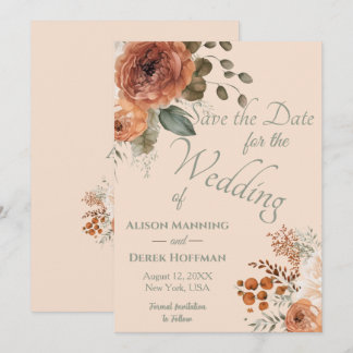 Tarjeta Festiva Elegante boda floral de terracota salva la fecha