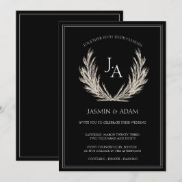 Tarjeta Festiva Elegante Boda Monograma Botánico Negro