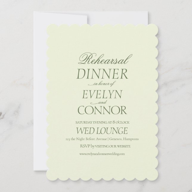 Tarjeta Festiva Elegante Boda verde de la cena de ensayo (Anverso)