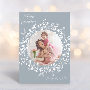 Tarjeta Festiva Elegante Boho Blue Dusty Navidades de Flores Silve