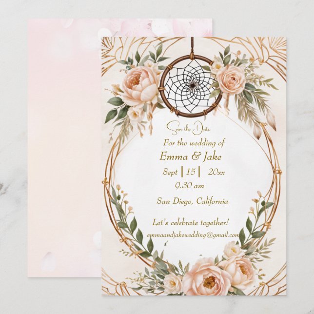 Tarjeta Festiva Elegante Boho Dreamcatcher Floral Save the Date Ca (Anverso / Reverso)