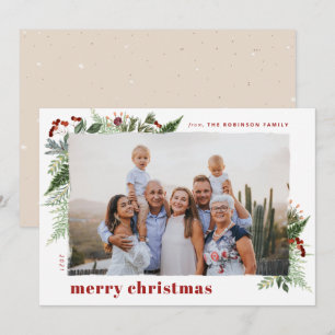 Tarjeta Festiva Elegante Boho Greenery Dry Brush Efecto Foto